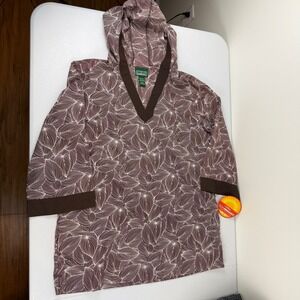 LL Bean SunSmart UPF 50+ Hoodie Swim Coverup Brown Leaf Print Womens XL NWT